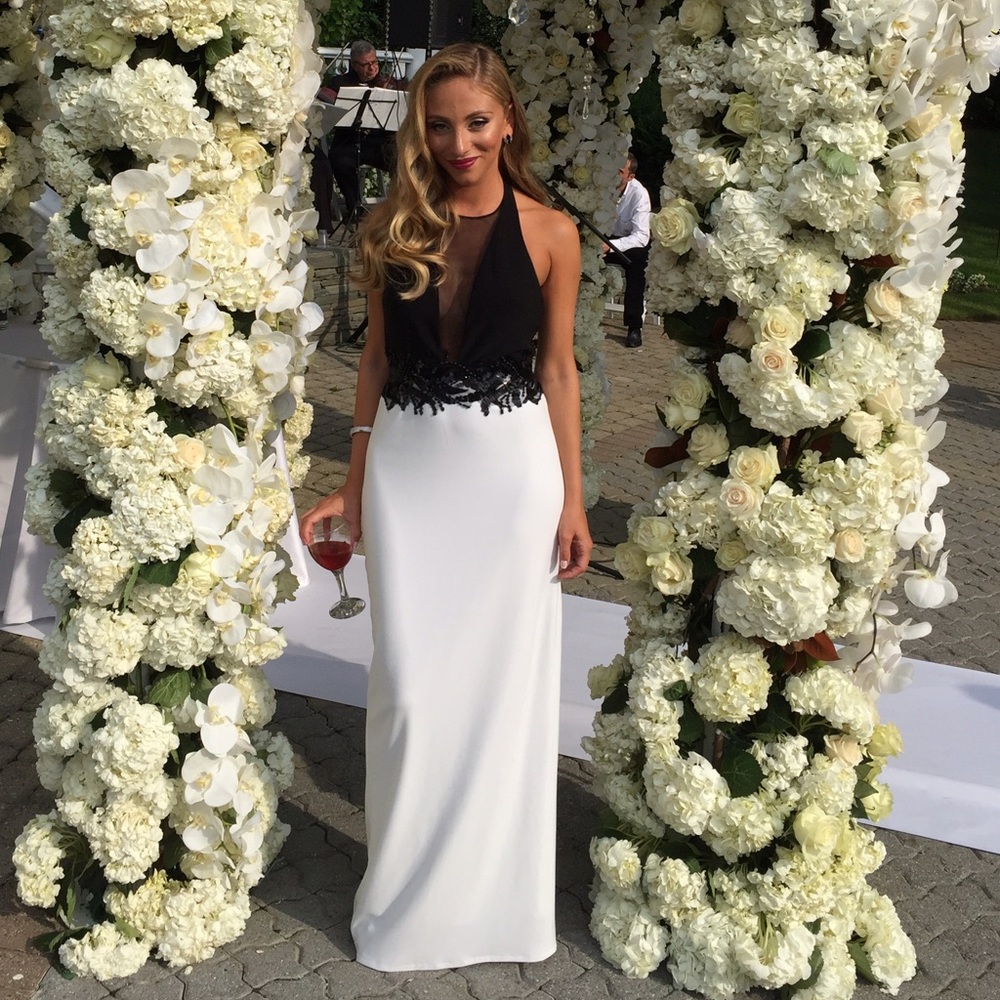 Mignon Black and White Halter Evening Gown